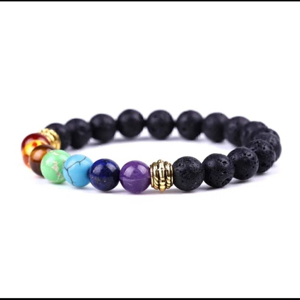 Set of (2) Essential Oil Diffuser Chakra / Black Lava Rock Stone Bead Bracelets - Picture 8 of 9